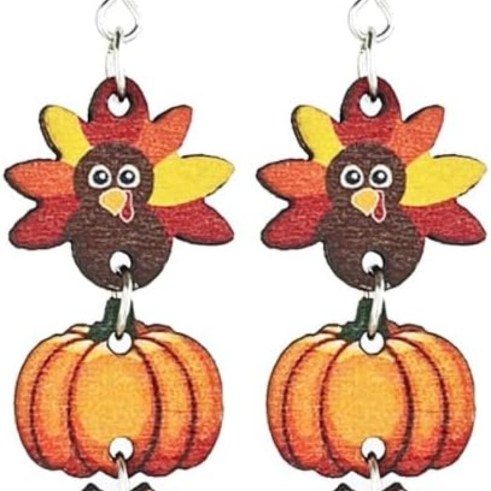 Thanksgiving Turkey Maple Leaf Dangle Earring Aut… - image 1